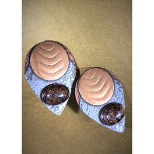 Vintage 80's Modernist Clip On Earrings Mixed Metal Copper Silver Tone Textured